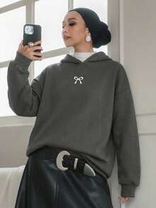 Livesso 1件休闲保暖连帽衫，纯色女式无袖卫衣，长袖上衣，秋季女装，保暖内衬 - 灰色 - 查看 1