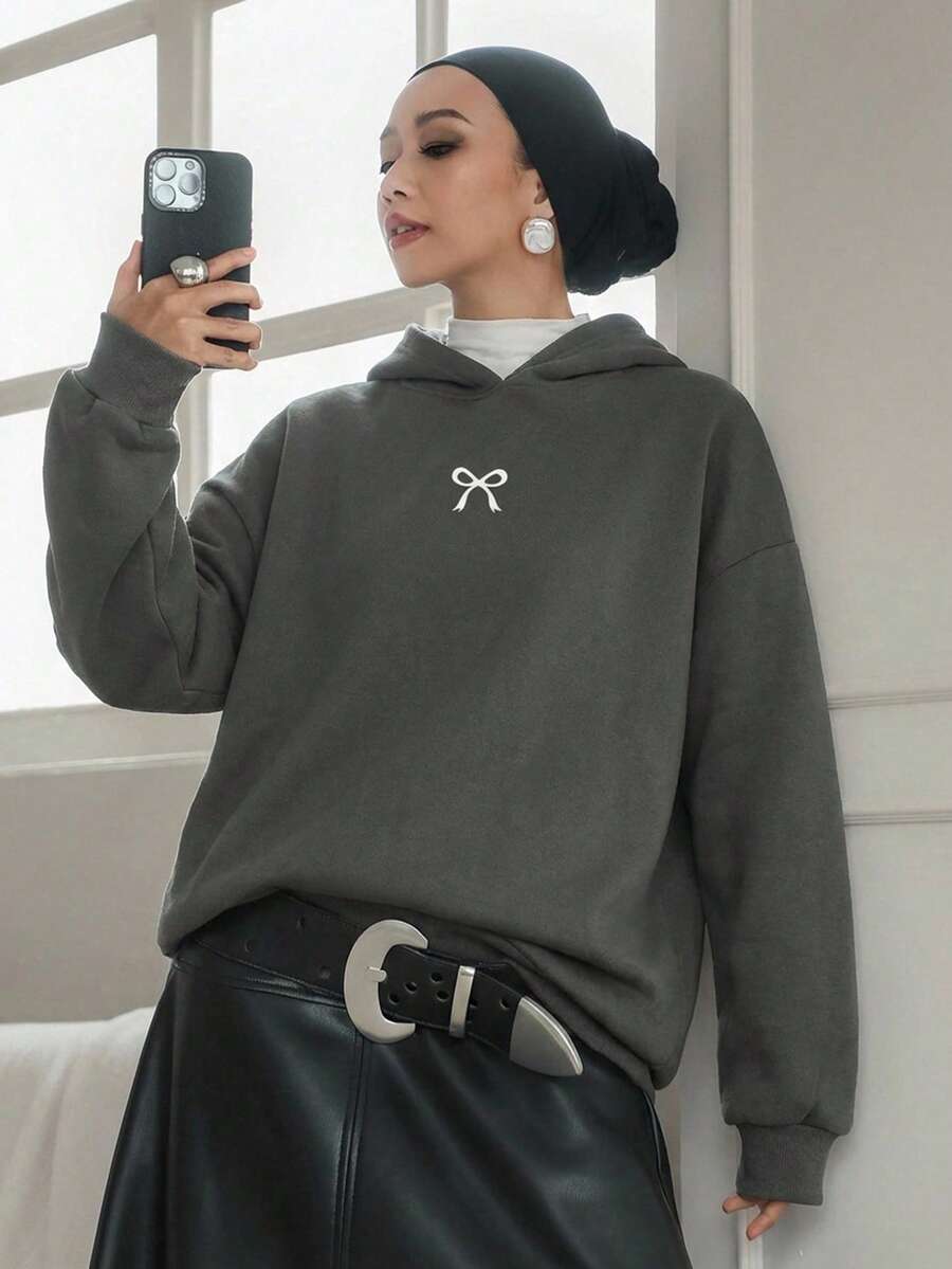 Livesso 1件休闲保暖连帽衫，纯色女式无袖卫衣，长袖上衣，秋季女装，保暖内衬 - 灰色 - 查看 1