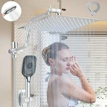 High Pressure Rain Shower Head For Bathroom, 8" Rain Shower Head, 5 Spray Modes Hand Shower, Adjustable With Holder, Leak-Proof, 1.5m Hose (Silver/Matte Black) - Hợp kim crom - với tay nối dài có thể uốn cong và 4 móc. - Xem 2