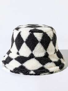 1pc Unisex Retro Diamond Pattern Faux Lamb Wool Bucket Hat, Warm Thick Bucket Hat Suitable For Casual, Commute, Party, Autumn/Winter - A - View 14