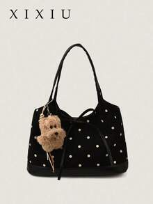 1pc Polka Dot Faux Suede Tote Bag, Fashion Women's Handbag, Shoulder Bag For Commuting, Dating, Daily Use, Comes With Pendant - Black - View 2