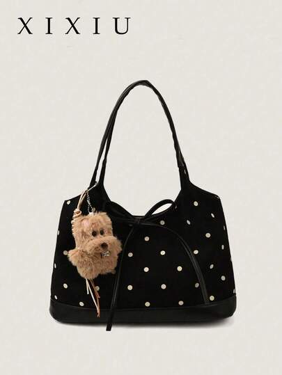 1个波点仿麂皮手提包，时尚女士手提包，单肩包，适合通勤、约会、日常使用，附赠吊坠