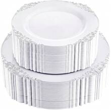 102PCS White And Silver Plastic Plates - Heavyweight Silver Plate - Wedding Plate With Silver Rim - Fancy Dinner & Dessert Plates For 51 Guests Graduation Weddings & Parties - 銀色 - 查看 1