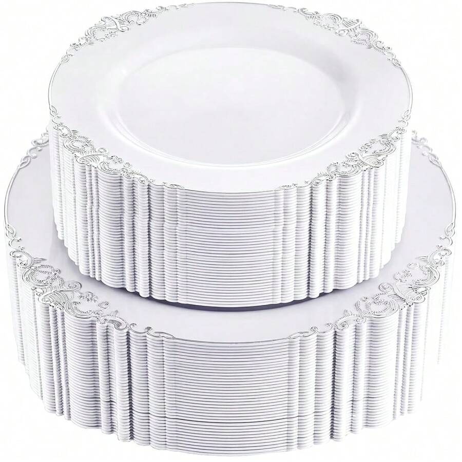 102 piezas Platos de plástico blancos y plateados - Platos plateados resistentes - Platos de boda con borde plateado - Platos de cena y postre elegantes para 51 invitados en graduaciones, bodas y fiestas - Plateado - Ver 1