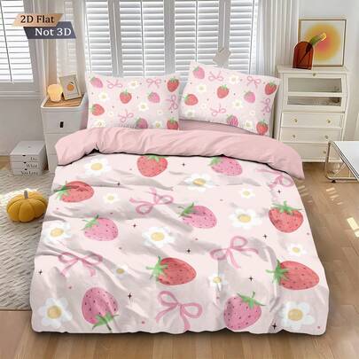 3pcs Strawberry Themed Bedding Set (1 Duvet Cover + 2 Pillowcases, No Filler), Pink Creative Cute Strawberry Pattern, Suitable For Daily Use Or Gifting To Loved Ones, Soft, Warm, Skin-Friendly Duvet Cover, Available In Various Sizes Including Extra Large, Fashionable And Vibrant, Essential Home Accessory