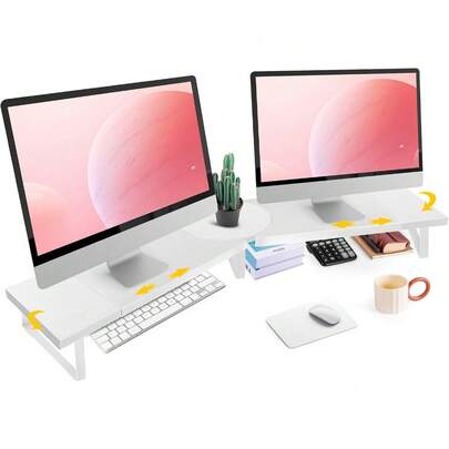 Dual-Monitor-Stand-Riser-For-Desk Adjustable Length 32-40 Inch,Large Desktop Computer Monitor Riser For 2 Screens,Desk Shelf Organizer Riser Stand For Computer/Laptop/PC/Printer/TV Black