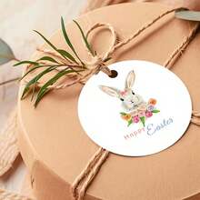 25/50 Pcs "Happy Easter" Round Labels With Rabbit And Floral Design, Ideal For Easter Gifts, Charming Souvenirs, Made Of Paper With Twine - Multicolor - View 6
