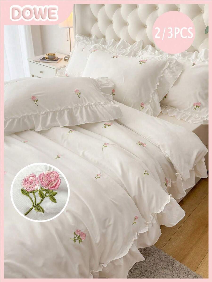 2/3pcs Elegant Rose Embroidery Bedding Set, With Ruffle Trim, Includes Duvet Cover And Pillowcase(S), Without Filler (1 Duvet Cover And 1/2 Pillowcase(S)) - White - View 1