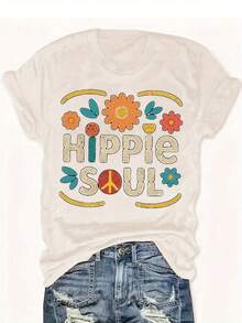 Hippie Soul Boho Floral Print T-Shirt | Retro Inspired Graphic Tee For Festival & Everyday Wear | Comfortable Cotton Blend, Relaxed Fit - 杏色 - 查看 1