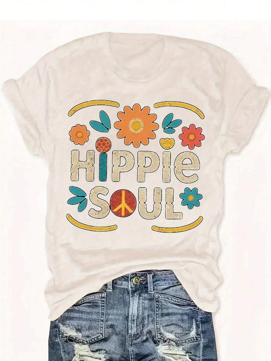 Hippie Soul Boho Floral Print T-Shirt | Retro Inspired Graphic Tee For Festival & Everyday Wear | Comfortable Cotton Blend, Relaxed Fit - 杏色 - 查看 1