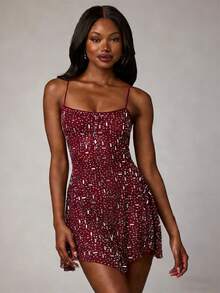 Vestido mini ajustado sexy con volantes en el bajo y pedrería, vestido de fiesta transparente, vestido de noche formal para mujer, vacaciones, boda - Burdeos - Ver 3
