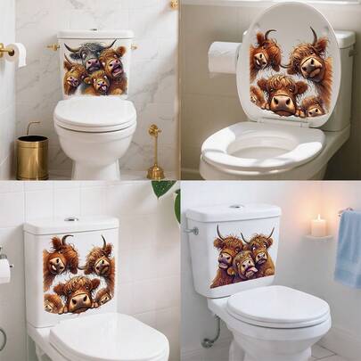 1/3pcsFunny And Adorable Highland Cow Toilet Stickers, Removable Self-Adhesive PVC Waterproof, Suitable For Toilet Seats, Tanks, Bathtubs, Bathroom Walls, And Glass Doors And Windows.