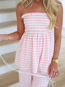Women's Casual And Comfortable Suit For Spring And Summer, Featuring A Striped, Off-The-Shoulder Bandeau Top And Matching Trousers; A Stylish And Casual Outfit. - 粉色 - 查看 5