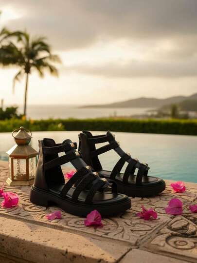 1 Pair Black PU Strap Design Rhinestone Decor Flat Sandals For Big Kids & Teens, Elegant Retro Style With Zipper, Non-Slip Rubber Thick Sole, Suitable For Princess Dress & Sundress, Fit For 3-16 Years Old Girls Daily, Outdoor, Birthday Party, Holiday, Beach, 2026 Spring/Summer New Arrival