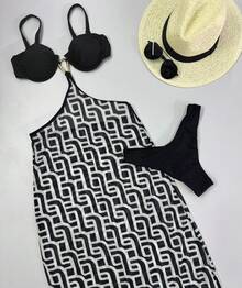 Women's 3-Piece Bikini Set With Long Tulle Beach Cover-Up | High-Cut Leg | Removable Padding - màu đen - Xem 6