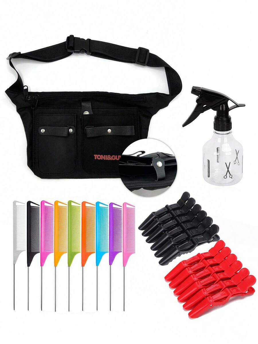 Multi-Functional Hair Styling Clips, Alligator Clips, Duck Bill Clips, Hairstylist's Choice, Hair Dye Spray Bottle, Water Spray Bottle, Pointed Tail Comb, Steel Needle Comb, Highlighting Comb, Teasing Comb, Multi-Functional Waist Bag - Multicolor - View 1