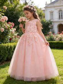 Tween Girl Spets Bröllopsfest Prinsessa Festklänning Aftonklänning - Rosa - Visa 2