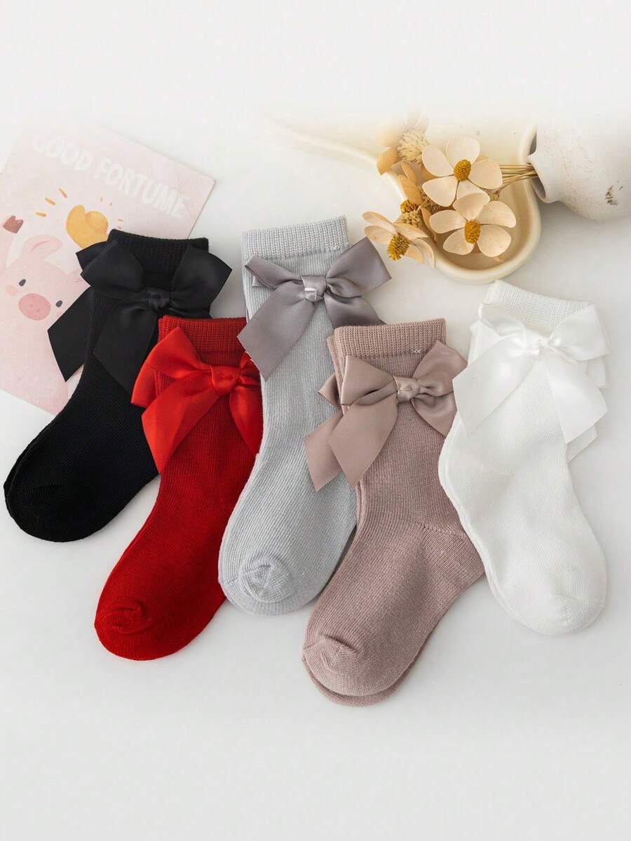 5pairs/Set Girls' Cute Bowknot Decor Solid Color Short Socks, Spring Summer Or All Seasons, Jk Socks, Mid-Calf Socks, British Style, Ins Style - Multicolor - View 1