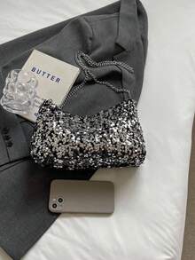 1pc Zipper Closure PVC Sequin Shiny Shoulder Bag, Fashion Chain Strap Clutch Purse, Suitable For Women Party, Date, Evening Use - Silver - View 3