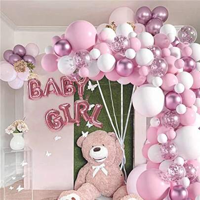 105 Parça Bebek Kız Pembe ve Beyaz Balon Kemer Çelenk Seti, Metalik Pembe ve Konfeti Lateks Balonlar, Bebek Partisi, Cinsiyet Açıklama Partisi, Prenses Doğum Günü Partisi Süslemeleri, Romantik Arka Plan Malzemeleri Seti