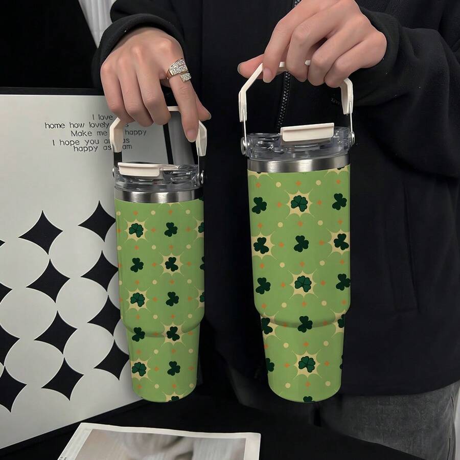 1个/4个装 30盎司不锈钢保温咖啡杯，圣帕特里克节三叶草图案，大容量，带提手，方便携带，适用于咖啡、果汁和茶，情侣礼物，节日或生日礼物，送给家人和朋友 - 彩色 - 查看 1