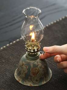 1个陶瓷窑烧釉面油灯，带手柄和灯罩，可调节灯芯，适用于露营、室内照明，可用作陶瓷油灯烛台、煤油灯或防风灯，带火焰控制旋钮 - 1PC - 查看 3