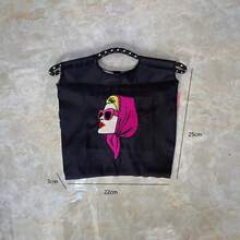 大容量可折叠尼龙手提包，饰有人头刺绣，单肩手提包 - 彩色 - 查看 6