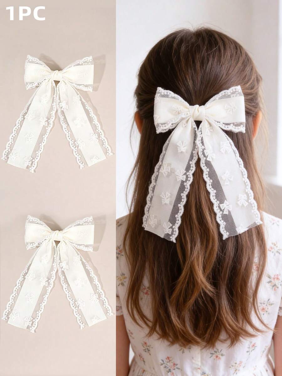 1 pieza Clip de pelo con lazo de encaje para niñas, accesorio de pelo elegante de marfil blanco para bodas y fiestas, clip de pelo con estampado floral lindo para niñas, clip de pelo delicado con perlas falsas, adecuado para uso diario y festivo, accesorios para el cabello - Multicolor - Ver 1