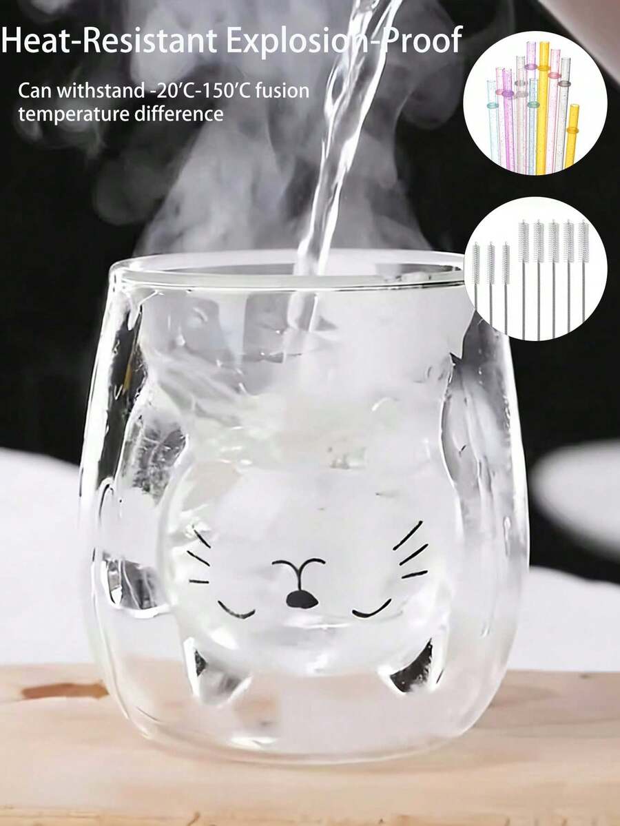 Adorabile tazza da caffè in vetro a forma di gatto, tazza per latte a doppia parete per colazione, caffè, succo, ideale come regalo di compleanno e per le feste, lavare a mano, stampa animale, bicchiere ovale riutilizzabile in vetro per uso familiare