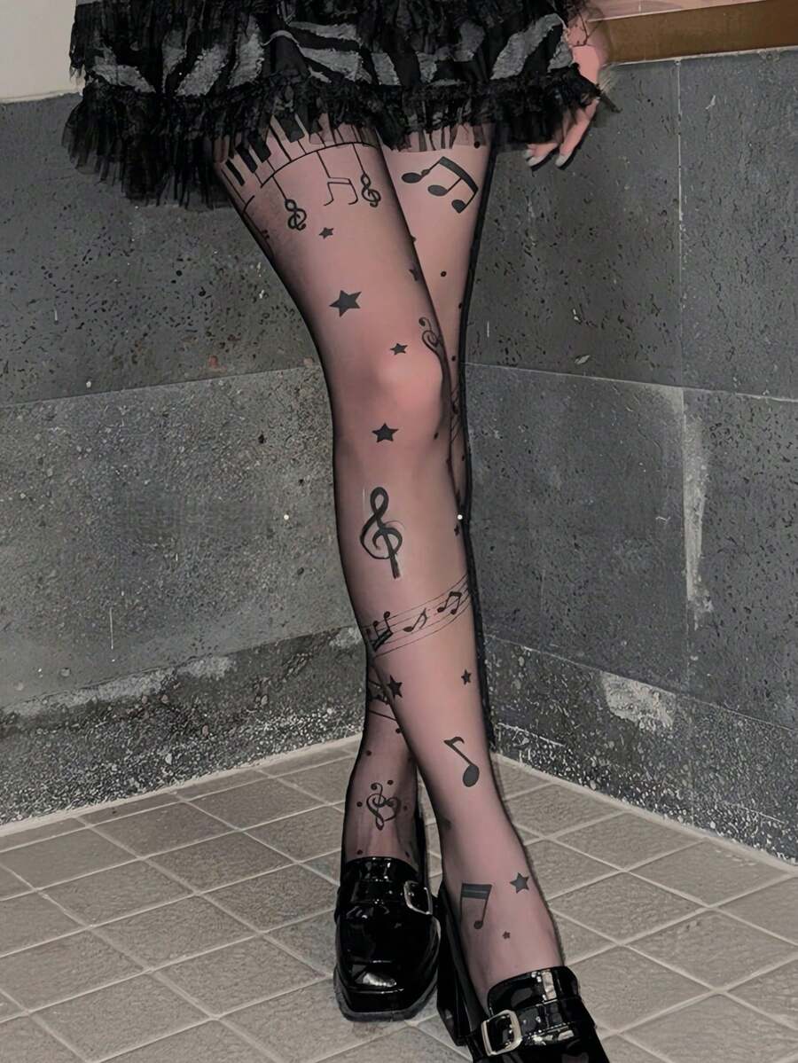 1 Pair Kawaii Musical Note & Piano Print Sheer Tights, Japanese Lolita Style - Multicolor - View 1