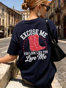 Women's Summer Street Red Boots Pattern Personality Print Round Neck T-Shirt, Western Style Clothing, Women's Top Graphic T-Shirt, Women's Pink Top - Navy - View 4