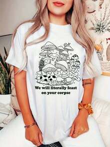 [Mushroom Print Tee] Casual Mushroom Print T-Shirt - Round Neck Short Sleeves Slight Stretch Tee For Women - White - View 8