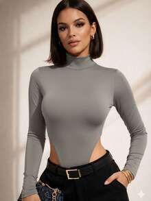 Bodysuit With Long Sleeves, High Neck, And Sleeves - Basic Winter Style - Grey - View 1