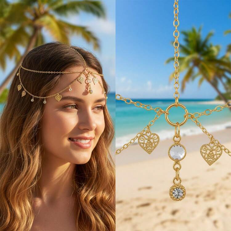 imoli 1pc Fashionable Minimalist Alloy Heart Shaped Tassel Rhinestone Basic Chain Headband For Women, Ideal Gift For Dance Party (Handmade Chain Trimmed By Size, Number Of Rhinestone Heart Shaped Pieces Varies) Valentines,Mom,Mother,Mother's Day,Gift, Bride To Be, Hair Accessories For Women - Gold - View 3