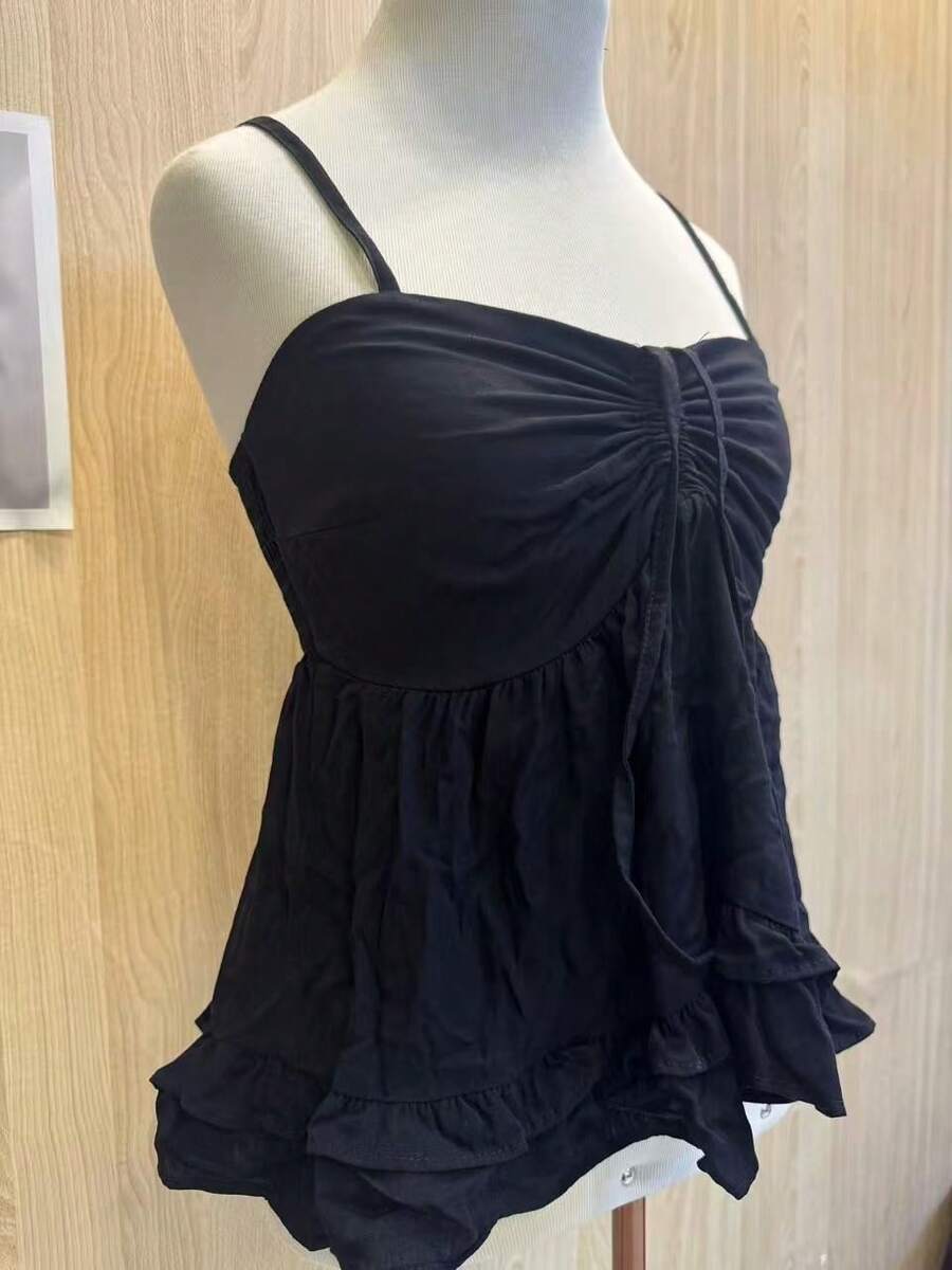 Women's Blouse With Charming Ruffle And Front Tie - Black - View 1