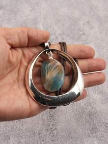 1pc Bohemian Alloy & Resin Pendant Necklace, Women's Brown Wax Rope Long Chain Fashion Pendant, Party Gift, Gift For Girlfriend Or Mother - Silver - View 4