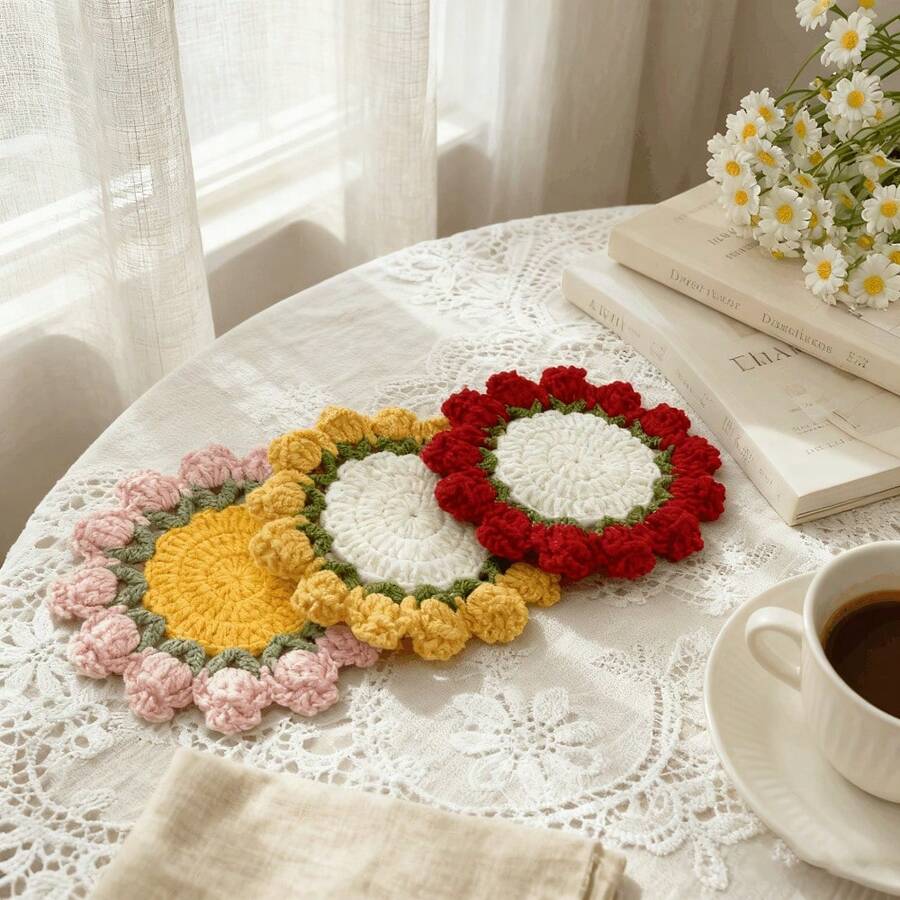 Posavasos de Rosa Hechos a Mano |   Decoración de Tela Estilo Bohemio |   Adornos Resistentes para Mesas |   Regalo Ideal Hogar - Rojo - Ver 1