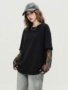 2026春秋新款时尚优雅撞色蕾丝长袖上衣，百搭奢华女式T恤 - 2A10黑色 - 查看 2