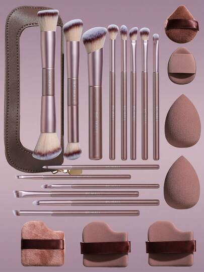  BS-MALL 22件套包含14支香槟金双头化妆刷+7个咖啡色化妆海绵+1个咖啡色化妆刷包，高品质眼影腮红刷，适合初学者。
