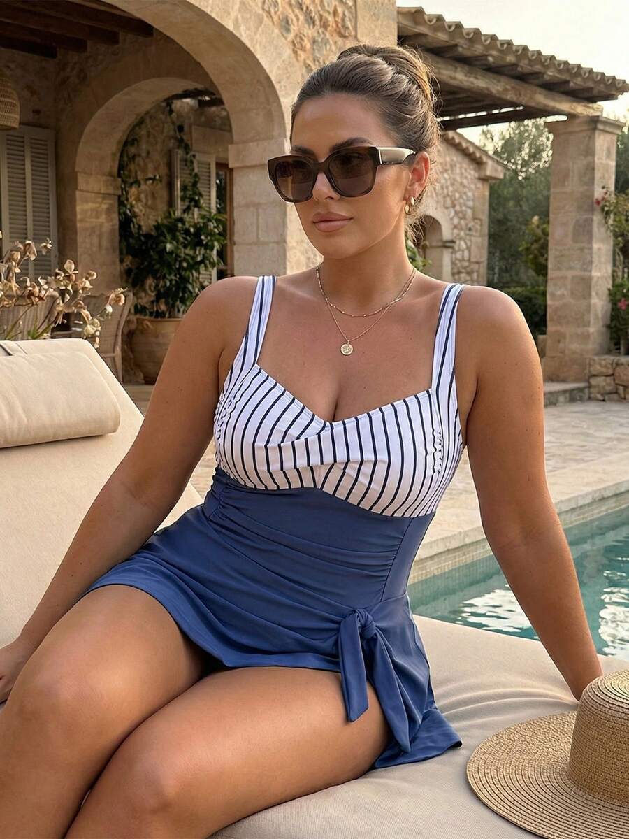 Women's Swim Dress Stylish Solid Color Or Plaid Sleeveless Sweetheart Neck Spaghetti Strap Bathing Suit For Beach Pool - Grey - View 1