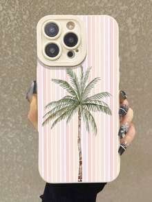 Striped Palm Tree Painted Anti-Drop Perforated Beige Minimalist Protective Phone Case Compatible With IPhone 17/17 Pro, 16/15 XR/7/8, 16 Pro Max, 13/14/11/12 Pro Max, Galaxy, Redmi 10/9/Note 9/12C/Note 11 Pro/Note 8 Pro/9C/9A - Multicolor - View 1