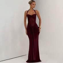 Backless Halter Neck Gown With Draped Sash - High Waist Mesh & Chiffon Evening Dress For Wedding Guest & Formal Banquet - 酒紅色 - 查看 2