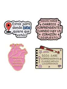 4pcs Minimalist Healing Religious Phrase Brooch, Zinc Alloy Enamel Material, Spanish Text Decor, Religious Faith Theme Badge, Unisex Design, Daily Religious Accessory Gift - Multicolor - View 10