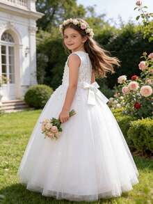 Girls' Lace Princess Dress, Suitable For Wedding, Prom, Beauty Pageant, Evening Party, Graduation, Summer - White - View 3