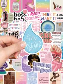 52张卡通愿景板贴纸，美观涂鸦风格，适用于手机壳、笔记本电脑、行李箱、剪贴簿、文具、日记本、冰箱、衣柜、钱包、背包、吉他等，PVC材质。 - 1 Set - 查看 4