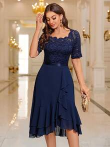 MIUSOL Floral Lace Patchwork Ruffle Hem Cocktail Party Dress Wedding Spring - Navy Blue - View 6