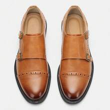 Zapatos de negocios para hombres, zapatos casuales para ir al trabajo, zapatos de monje con hebilla tallada tipo brogue, zapatos Oxford formales de oficina de moda - Amarillo Mostaza - Ver 10