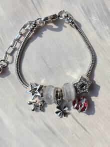 1件装气球狗、四叶草、爱心、星星吊坠手链，时尚街头风 - 銀色 - 查看 8