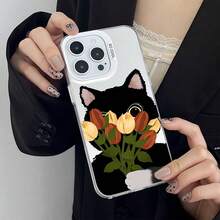 Funda de teléfono móvil de lujo de alta gama, colorida, con diseño de gato negro y tulipanes para iPhone 17, 17 Pro, 17 Air, 17 Pro Max y 16, 15, 14 Plus, 16, 15, 14, 13, 12 Pro Max. Funda de moda anti caída y antideslizante, funda creativa para teléfono móvil, regalo adecuado para familiares y amigos, diseño de gato negro con tulipanes, antiarañazos para el Día de San Valentín. - Negro - Ver 1
