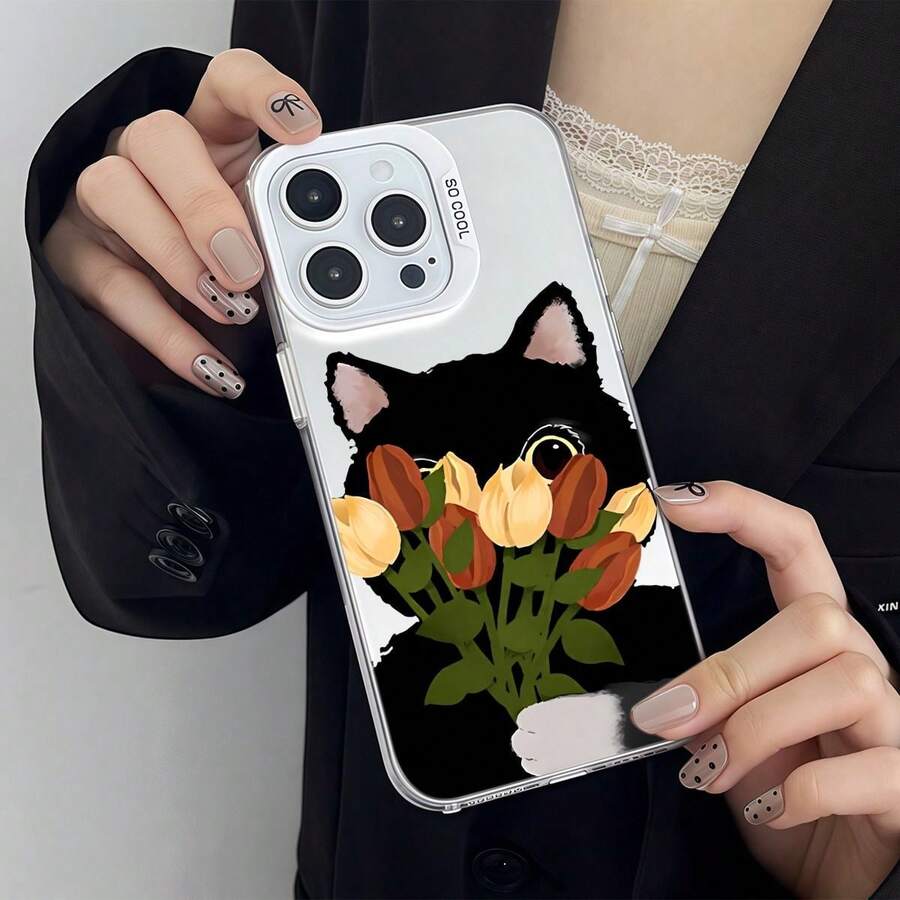 Funda de teléfono móvil de lujo de alta gama, colorida, con diseño de gato negro y tulipanes para iPhone 17, 17 Pro, 17 Air, 17 Pro Max y 16, 15, 14 Plus, 16, 15, 14, 13, 12 Pro Max. Funda de moda anti caída y antideslizante, funda creativa para teléfono móvil, regalo adecuado para familiares y amigos, diseño de gato negro con tulipanes, antiarañazos para el Día de San Valentín. - Negro - Ver 1
